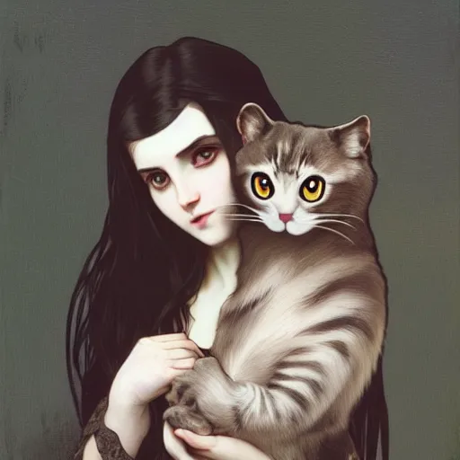 Image similar to cute baby - faced goth girl with long dark hair parted sideways thick eyebrows and dark eyes wide nose, big eyes, medium mouth, she is holding a cat in her arms, by juan villafuerte, greg rutkowski and alphonse mucha, pexels contest winner, high quality photo, rtx, hd