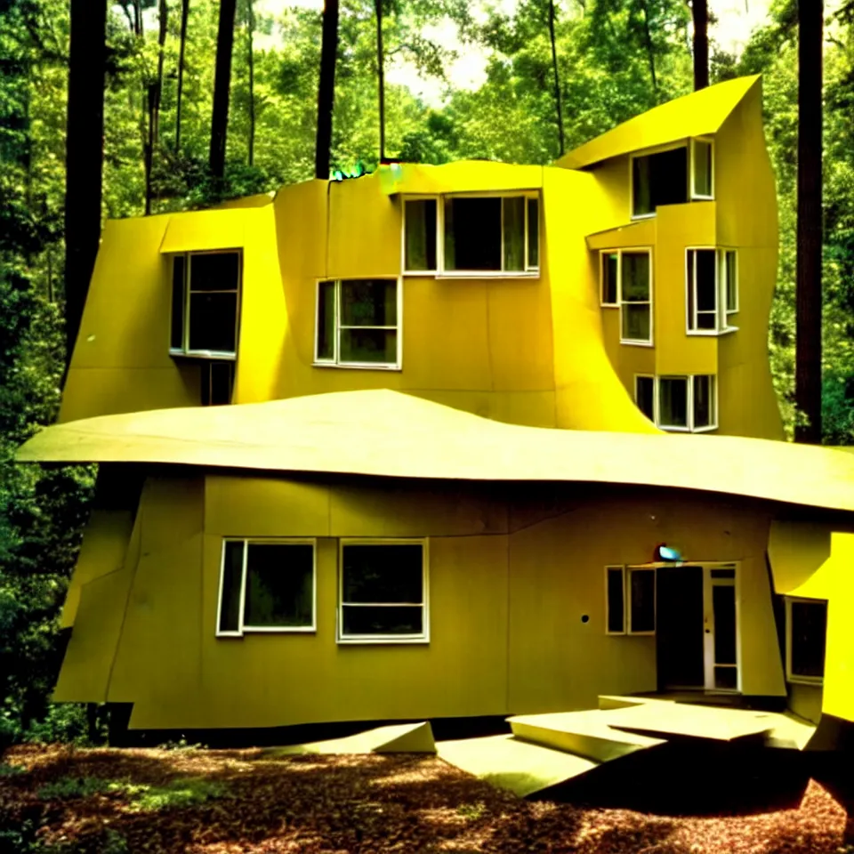 Image similar to a flat leveled mid-century modern house with big tiles in a forest, designed by Frank Gehry. Film grain, cinematic, yellow hue