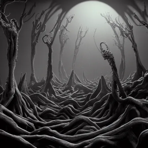 Prompt: photorealistic abyssal depth of darkness that holds evil souls inspired by Tim Burton, 8k, detailed