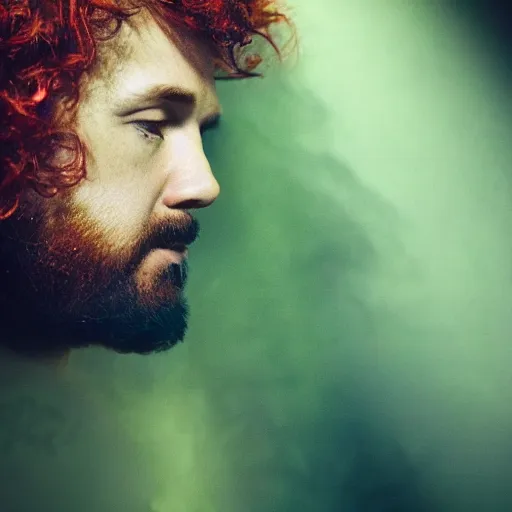 Prompt: side profile of a rugged man with curly red hair wearing a green cloak playing a guitar sitting on a rood top portrait, atmospheric lighting, painted, intricate, volumetric lighting, beautiful, rich deep colours masterpiece, golden hour, sharp focus, ultra detailed, by leesha hannigan, ross tran, thierry doizon, kai carpenter, ignacio fernandez rios