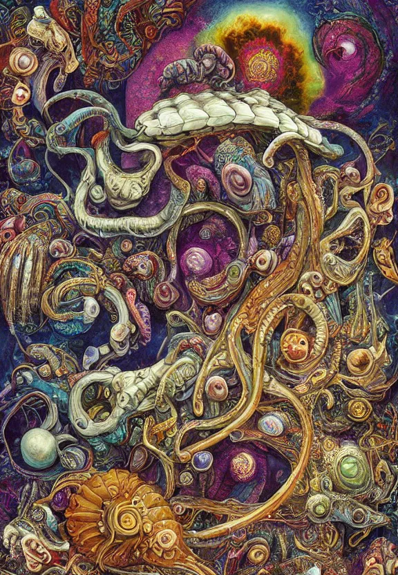 Image similar to simplicity, colorful muscular eldritch mollusks and bodies radiating town fractal, mandala white bones, colorful gems, brush pen, by h. r. giger and esao andrews and maria sibylla merian eugene delacroix, gustave dore, thomas moran, pop art, chiaroscuro, biopunk, art nouveau