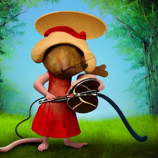 Image similar to mouse with drum, musician dress, fantasy forrest background, digital art, close up