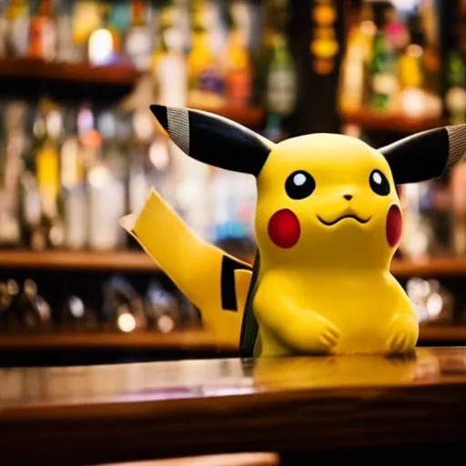 Prompt: pikachu sitting at the bar top of an Irish pub drinking beer