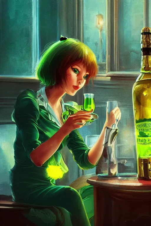 Image similar to a cute cat drinkng absinthe in Paris, vivid colors, high details, cinematic, 8k resolution, beautiful detailed, photorealistic, digital painting, artstation, concept art, smooth, sharp focus, illustration, fantasy background, artstation trending, octane render, unreal engine