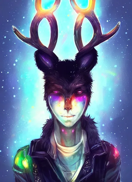 Image similar to award winning beautiful portrait commission of a male furry anthro Black Reindeer cyberpunk fursona with a tail, wings, wings, wings and a cute beautiful attractive detailed furry face wearing a crown, stylish black and rainbow galaxy clothes, outline, in a cyberpunk city at night while it rains. Character design by charlie bowater, ross tran, artgerm, and makoto shinkai, detailed, inked, western comic book art