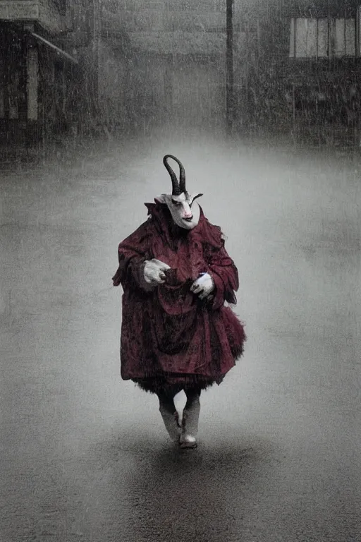 Image similar to the most evil looking goat ever seen and a clown in the street, rainy day, foggy, by gregory crewdson