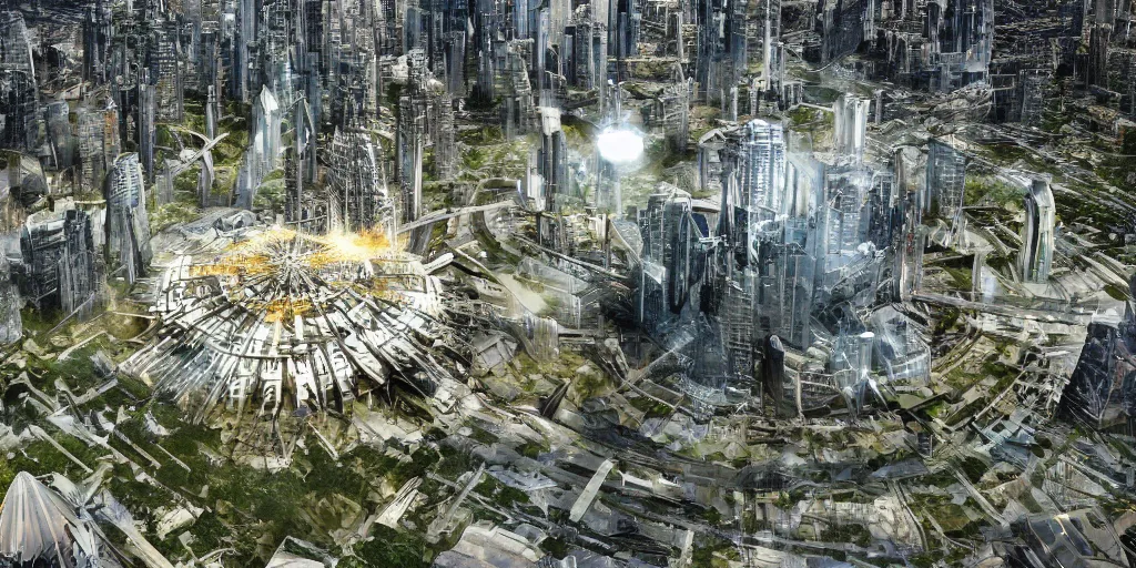 Prompt: future forest city attacked by spaceship, broken buildings, star trek, glory war, photograph