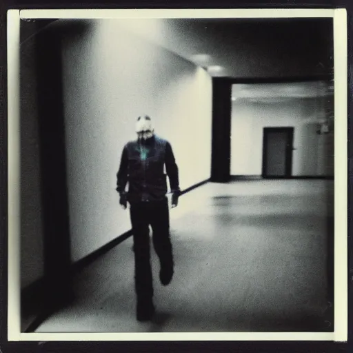 Prompt: A creepy polaroid photo of Walter White chasing you down a hallway