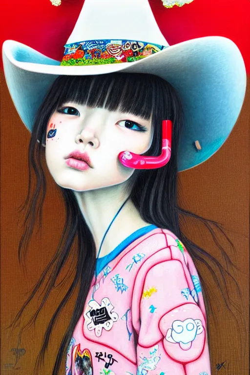 Prompt: girl wearing a cowboy hat, style of yoshii chie and hikari shimoda, highly detailed