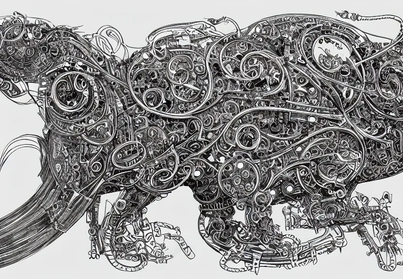 Image similar to spacious schematic blueprint of highly detailed ornate filigreed convoluted ornamented elaborate cybernetic rat, full body, character design, inside frame, art by da vinci