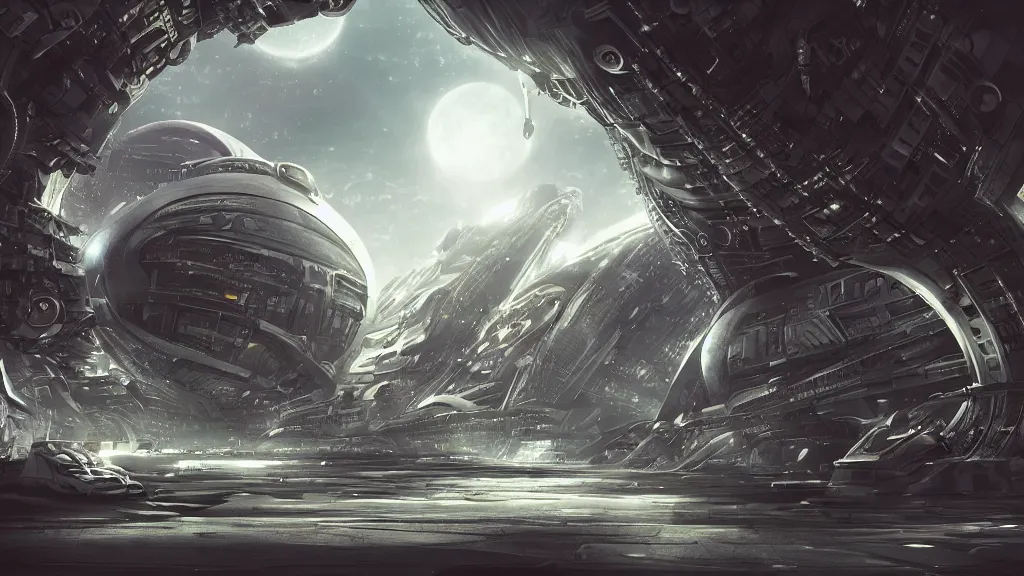 Prompt: movie concept art an exterior wide angle view of a futuristic alien city, a spaceship landing in a biomechanical circle on the ground, highly detailed, artistic composition, sharp focus, intricate concept, dramatic lighting
