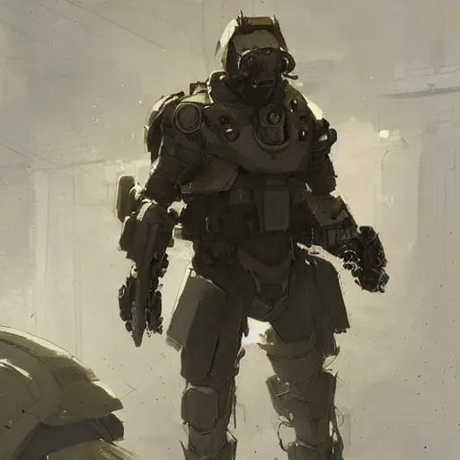 Prompt: concept art by greg rutkowski, a futuristic soldier, roughly from the 2 6 th century, wearing a futuristic tactical gear, bulky look and dieselpunk hq.