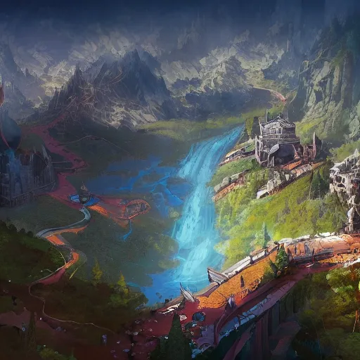 Image similar to a birds eye view overlooking an ancient fantasy city surrounded by mountains and trees of greens and browns, rivers and lakes but the city has been corrupted by a dark evil by Jordan Grimmer, Asher Brown Durand and Ryan Dening, 8k, artstation, beautiful color pallette