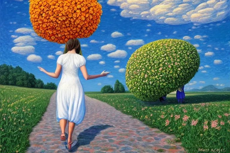 Image similar to giant flower head, woman walking, surreal, clouds in sky, impressionist painting, digital painting, artstation, rob gonsalves