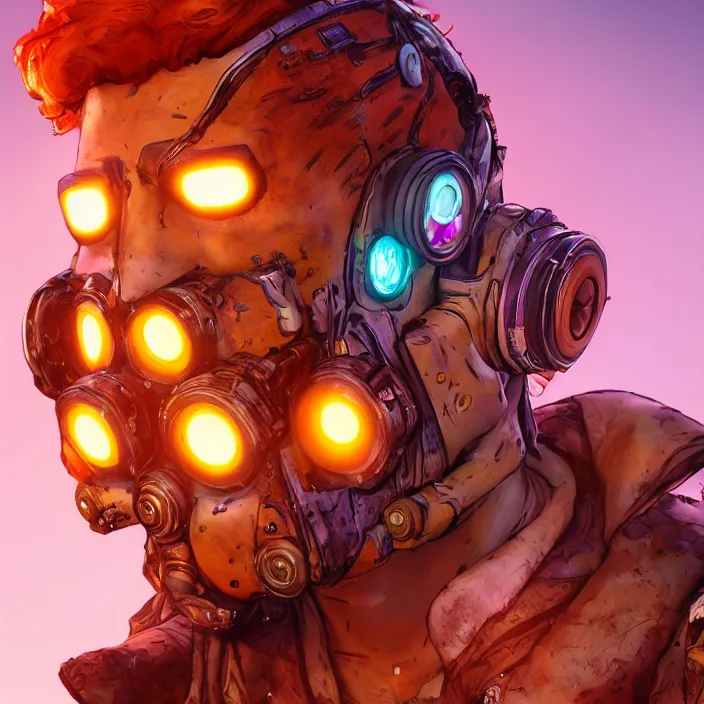 Image similar to glowwave portrait of curly orange hair man from borderlands 3, au naturel, hyper detailed, digital art, trending in artstation, cinematic lighting, studio quality, smooth render, unreal engine 5 rendered, octane rendered, art style by klimt and nixeu and ian sprigger and wlop and krenz cushart.