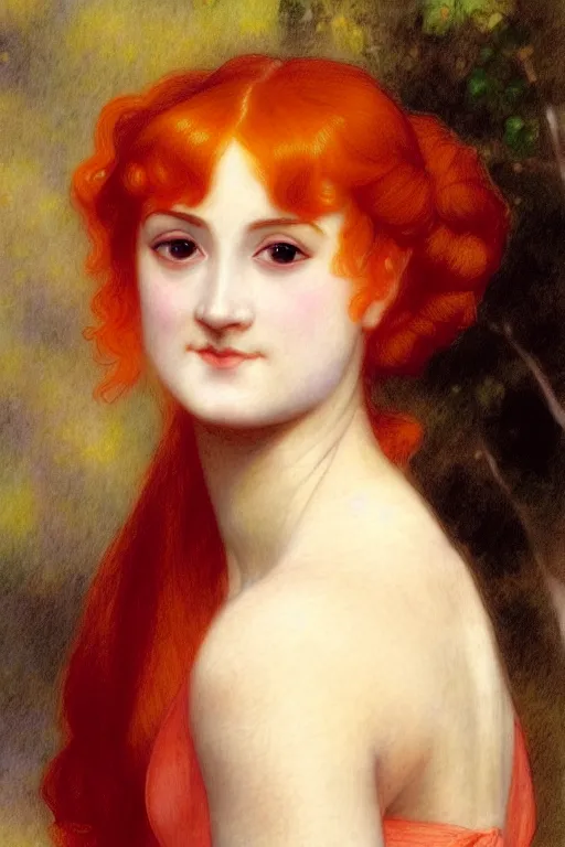 Image similar to jane austen orange red hair, painting by rossetti bouguereau, detailed art, artstation