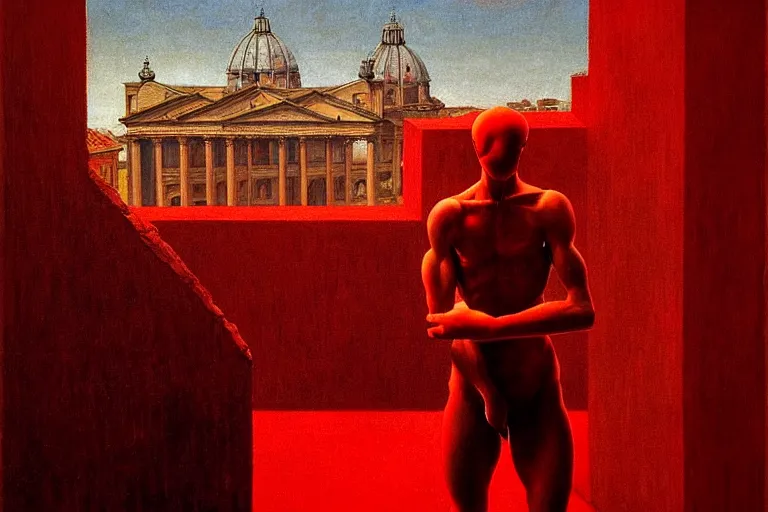 Image similar to only with red, caesar after war, a red tiger, in hoc signo vinces, rome in background, an ancient path, in the style of beksinski, part by hopper, part by rodcenko, part by hofbauer, intricate composition, red by caravaggio, insanely quality, highly detailed, masterpiece, red light, artstation