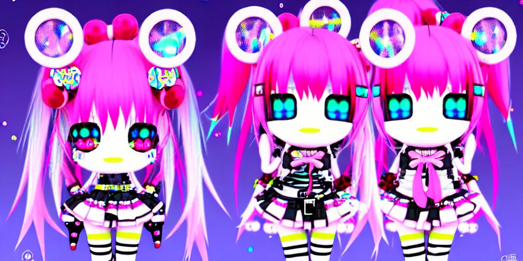 Image similar to 3 d anime render of a decora gyaru kawaii cybergoth emo fashion model vtuber, in a cyberpunk blade runner maximalist city of my melody sanrio plushies, artstation cgsociety