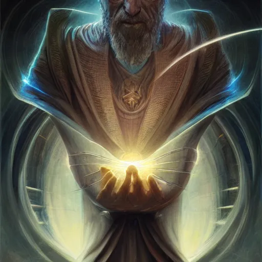 Image similar to the creator of worlds wearing a cloak and holding a holographic planet projection in his hand, detailed, sci - fi, digital painting, artstation, sharp focus, illustration, ominous, artgerm, tomasz alen kopera, peter mohrbacher, donato giancola, joseph christian leyendecker, wlop, frank frazetta