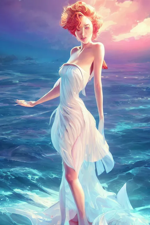 Image similar to a beautiful fashion goddness of love, chic strapless dress, tropical sea background, character design, in the style of artgerm, and wlop, cinematic lighting, hyperdetailed, 8 k realistic, symmetrical, global illumination, radiant light, frostbite 3 engine, cryengine, dof, trending on artstation, digital art