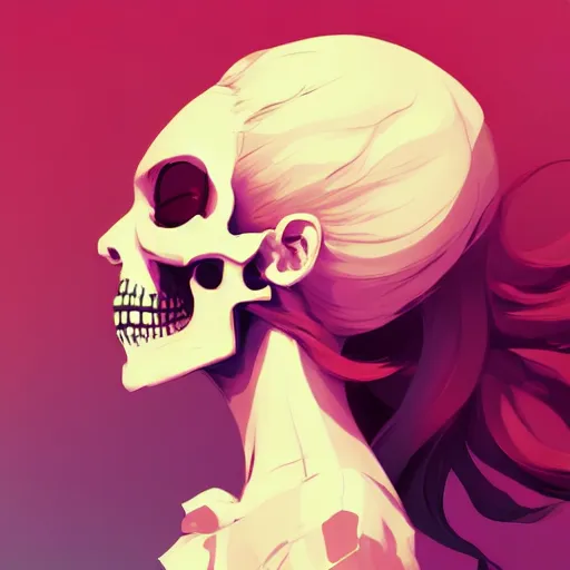 Prompt: a portrait of a girl skull face, silhouette, profile, in the style of artgerm, charlie bowater, atey ghailan and mike mignola, vibrant colors and hard shadows and strong rim light, plain background, comic cover art, trending on artstation