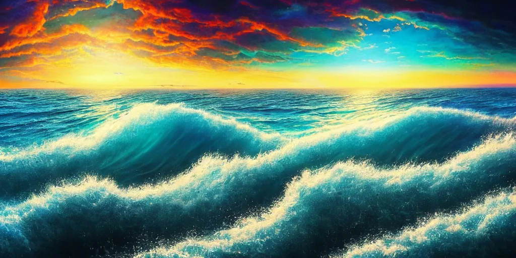 Prompt: Even if our mouths where filled with song like the splitting sea, and our tongues full of joy like it’s manny waves we could never reach Your praise, surrealism, musical notes, EPIC ,beautiful sea landscapes, Very colorful painting 8k trending on art station, Intricate details, very realistic, cinematic lighting, volumetric lighting,