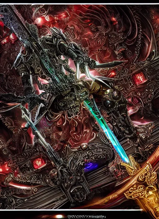 Image similar to legendary glowing sword of cybernetic technology on a table, digital award winning artwork, intimate, intricate, long sharp black and iridescent blade, ornate gothic baroque spikes coming out, colorful hilt, vivid detailed realistic, ray tracing, colored gems, golden pommel, by yoshitaka amano, deviantart