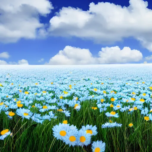 Image similar to a field of light blue daisies with a white sky in the background, matte painting