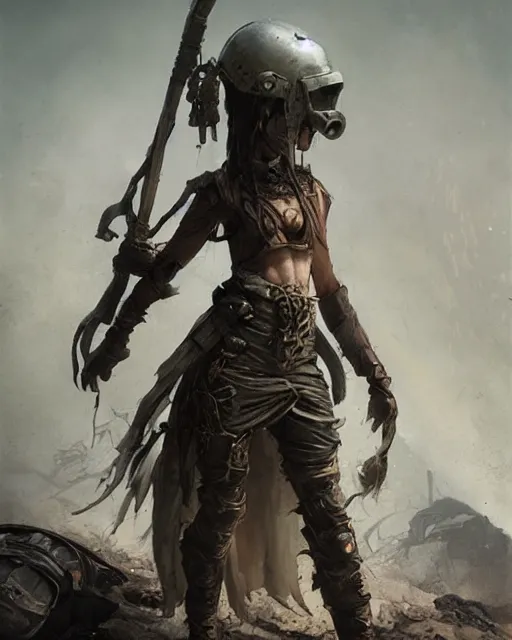 Image similar to hyper realistic photo of postapocalyptic mongolian demon girl with helmet, full body, cinematic, artstation, cgsociety, greg rutkowski, james gurney, mignola, craig mullins, brom