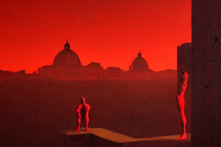 Image similar to only with red, caesar after war, a red tiger, in hoc signo vinces, rome in background, an ancient path, in the style of beksinski, part by hopper, part by rodcenko, part by hofbauer, intricate composition, red by caravaggio, insanely quality, highly detailed, masterpiece, red light, artstation