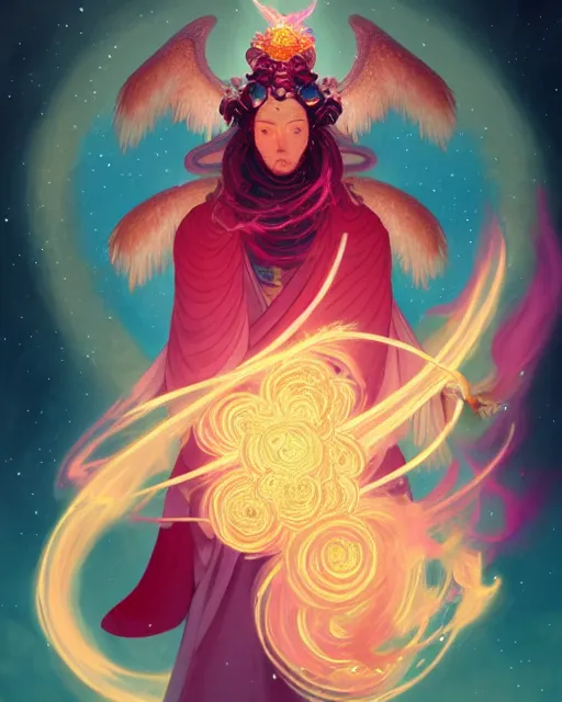 Image similar to a character portrait of only one male angel with golden fiery wings, surrounded with spiriling sparkling rose crystals and galaxies, by peter mohrbacher, hyper light drifter, ukiyo - e trending on artstation