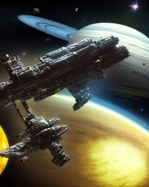 Prompt: a detailed space cruiser in orbit above a planet, detailed render, post - processing, extremely hyperdetailed, intricate, epic composition, cybernetics, 4 k realistic, cryengine, realistic shaded lighting, sharp focus, masterpiece, detailed eyes by matteo scalera, gary montalbano, peter elson in the style of the tokyo ghost comic