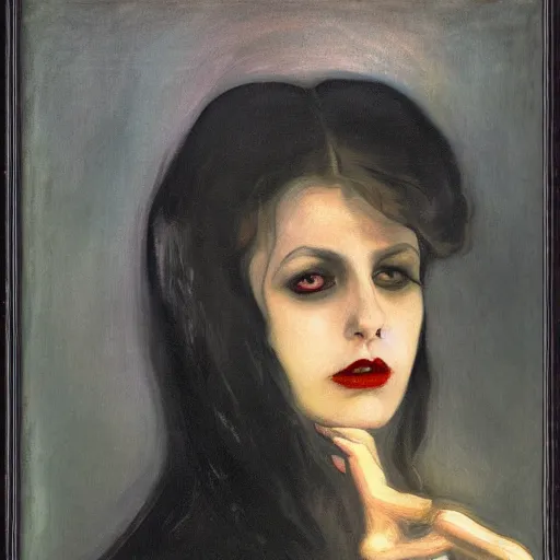 Image similar to A beautiful painting of a lady vampire, victorian, dracula, ominous, oil on canvas, photorealism, edvard munch, Johann Heinrich Füssli, irwin penn, high definition, soft light