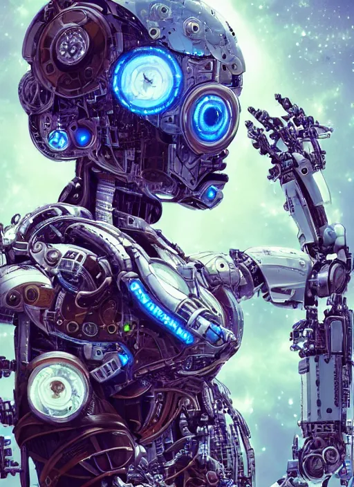 Prompt: photo of a robot made of clock parts, scifi, nebula reflections, stars, professionally color graded, 8 k high definition, insanely detailed, intricate, innocent, art by akihiko yoshida and artgerm