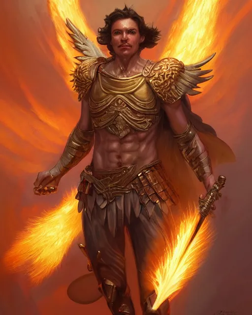 Prompt: character portrait of a herculean male angel of justice, with fiery golden wings, wearing shining armor, wielding a flaming sword, by peter mohrbacher, mark brooks, jim burns, marina abramovic, wadim kashin, greg rutkowski, trending on artstation