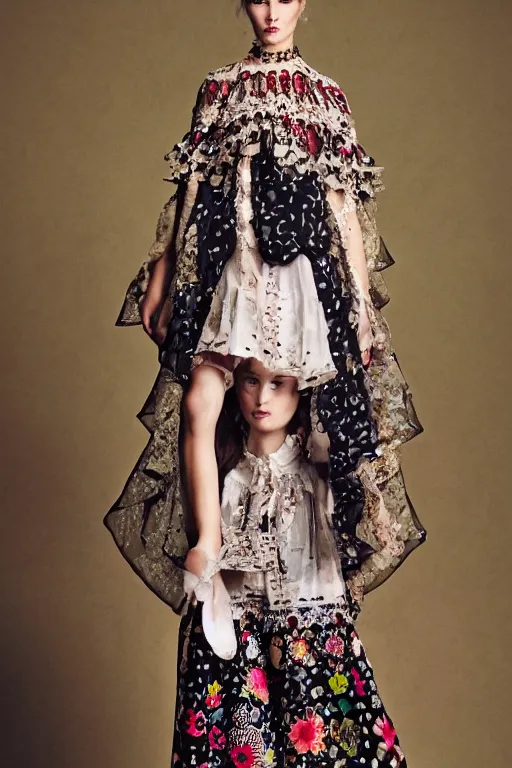 Image similar to hungarian folk costume made by valentino resort ss 2 0 1 6, sheer layered floral dress, chain jewelry, coin veil, cute young model portrait