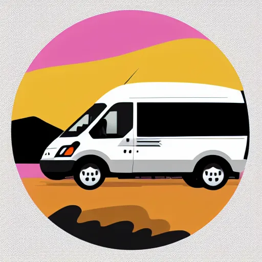 Prompt: very very very stylized minimal vector graphic of a ford transit motorhome, hills and sunset, white background, all enclosed in a circle, professional minimal graphic design cartoon