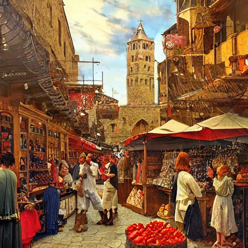 Prompt: a busy medieval Mediterranean street market , beautiful digital art, cinematic composition, detailed, concept art, Matt painting, oil painting, Sigma 24 mm f/8, 1/10 s shutter speed art by Norman Rockwell