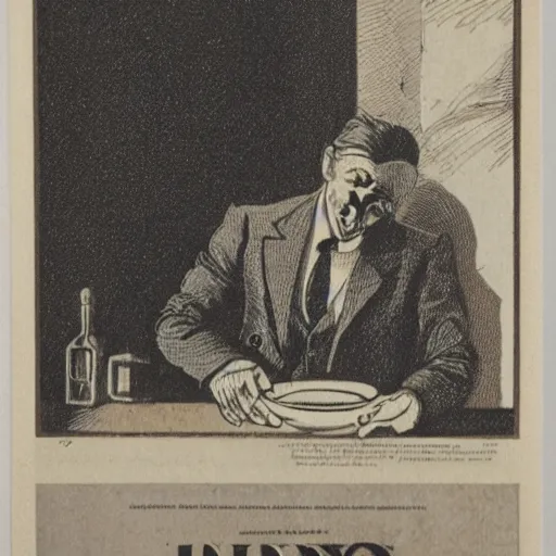 Image similar to linotype print of a tired man sitting hunched over in a restaurant. Bill is on the table and food is uneaten.