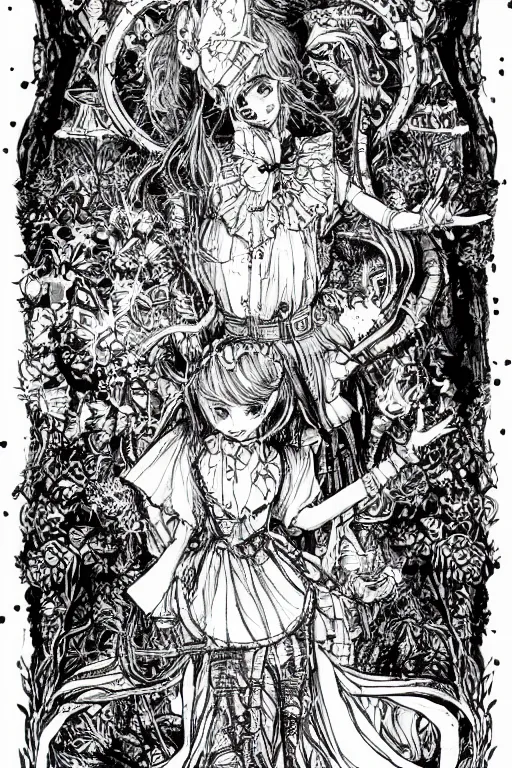 Image similar to Rave Alice in wonderland tarot card , pen and ink, intricate line drawings, by Yoshitaka Amano, Ruan Jia, Kentaro Miura, Artgerm, watercolor