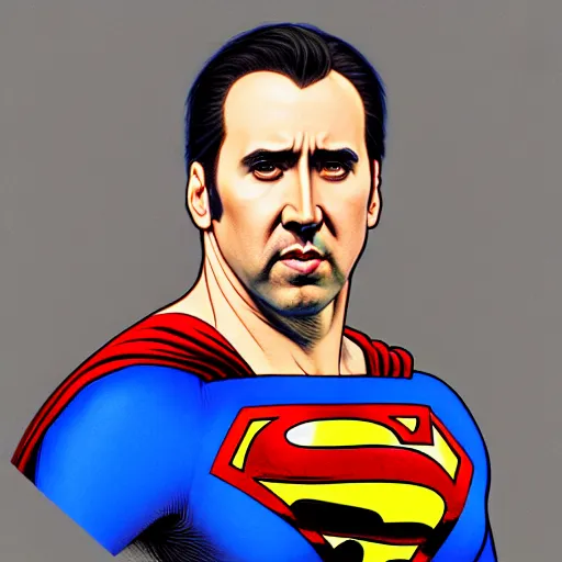 Image similar to upper body portrait of nicolas cage as superman, intricate, elegant, highly detailed, digital painting, artstation, concept art, smooth, sharp focus, illustration, art by artgerm and greg rutkowski and alphonse mucha, award winning, 8 k