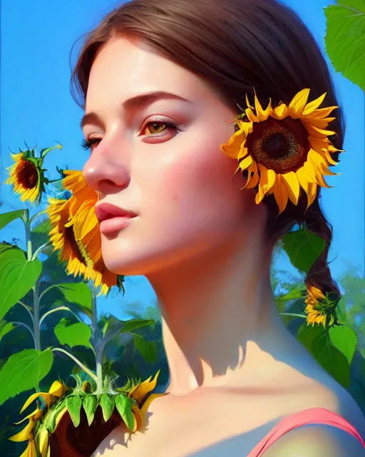 Image similar to stylized portrait of an artistic pose, composition, young lady sorrounded by nature, sunflowers, realistic shaded, fine details, realistic shaded lighting poster by ilya kuvshinov, magali villeneuve, artgerm, jeremy lipkin and michael garmash and rob rey