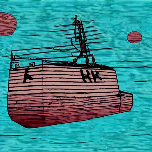 Image similar to an abandoned ship on the aral sea desert, in the style of daniel johnston and outsider art, 8 k, line brush, minimal, gradiated colors, overlaid with cyrillic adverts