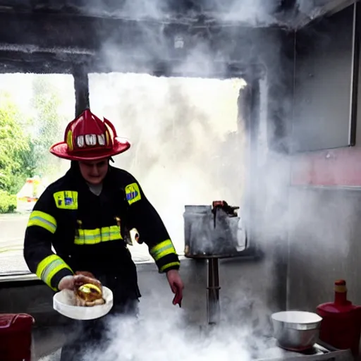 Image similar to firefighter serving icecream in a room that is on fire 🔥