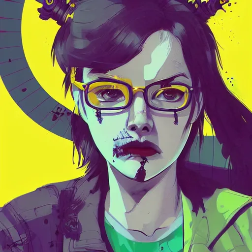 Image similar to Highly detailed portrait of a punk zombie young lady by Atey Ghailan, by Loish, by Bryan Lee O'Malley, by Cliff Chiang, inspired by image comics, inspired by graphic novel cover art !!!Yellow, green, black and purple color scheme ((dark blue moody background))