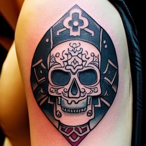 Prompt: tattoo design, stencil, tattoo stencil, traditional, a world famous tattoo of a geometric skull with a galaxy coming out of the top of its head-s 100