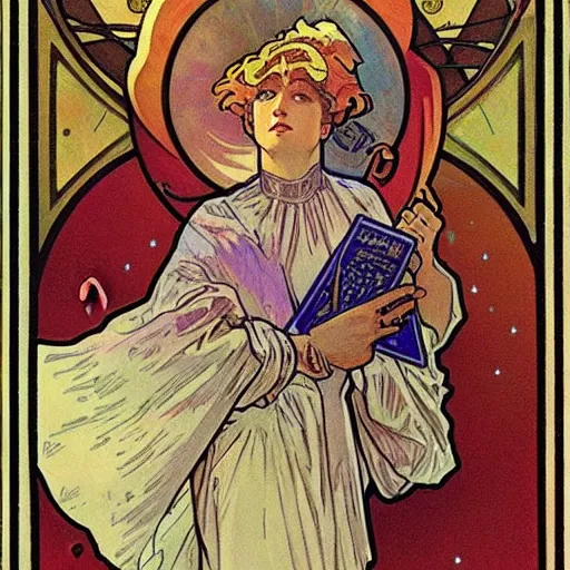 Prompt: Tarot card about solar system, Alphonse Mucha