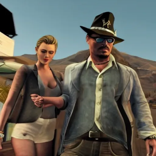 Prompt: gameplay footage of Johnny Depp and amber Heard in GTA V