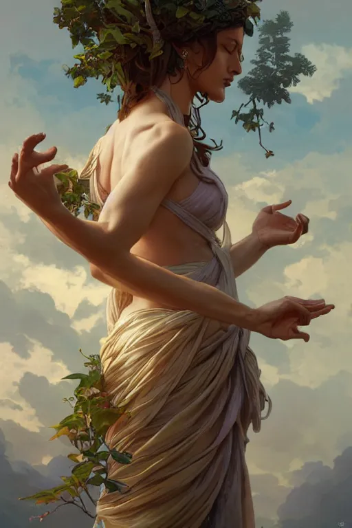 Prompt: goddess of nature, accurate anatomy, only two hands, highly detailed, digital painting, artstation, concept art, smooth, sharp focus, illustration, Unreal Engine 5, 8K, art by artgerm and greg rutkowski and Alphonse Mucha