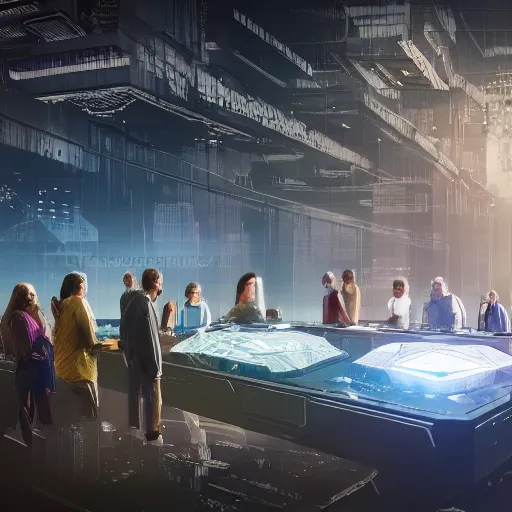 Image similar to large group people in a huge warehouse, looking at hologram of futuristic city on a table | cinematic concept art | godrays | 4 k | clear details | tabletop | tabletop | hologram foreground